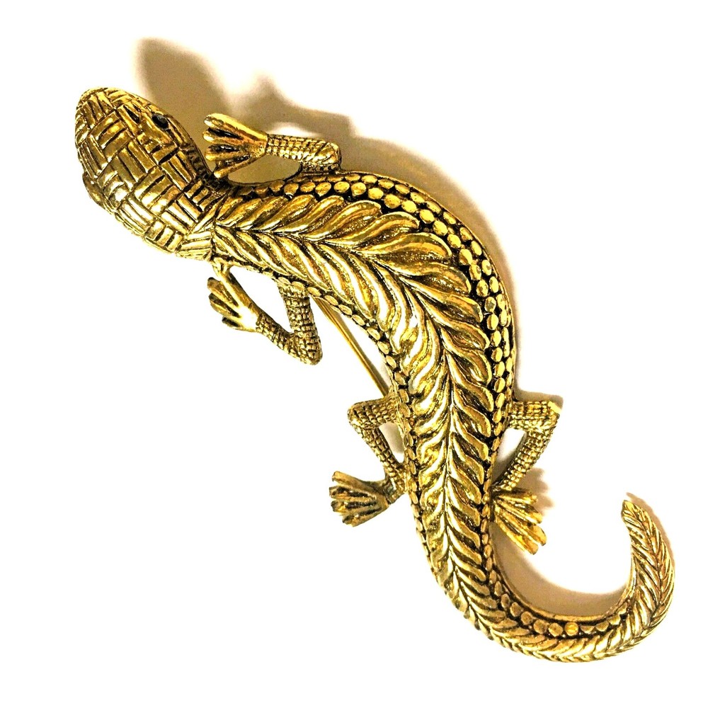Large Gold Tone Lizard Statement Brooch Salamander Gecko Iguana Water Dragon